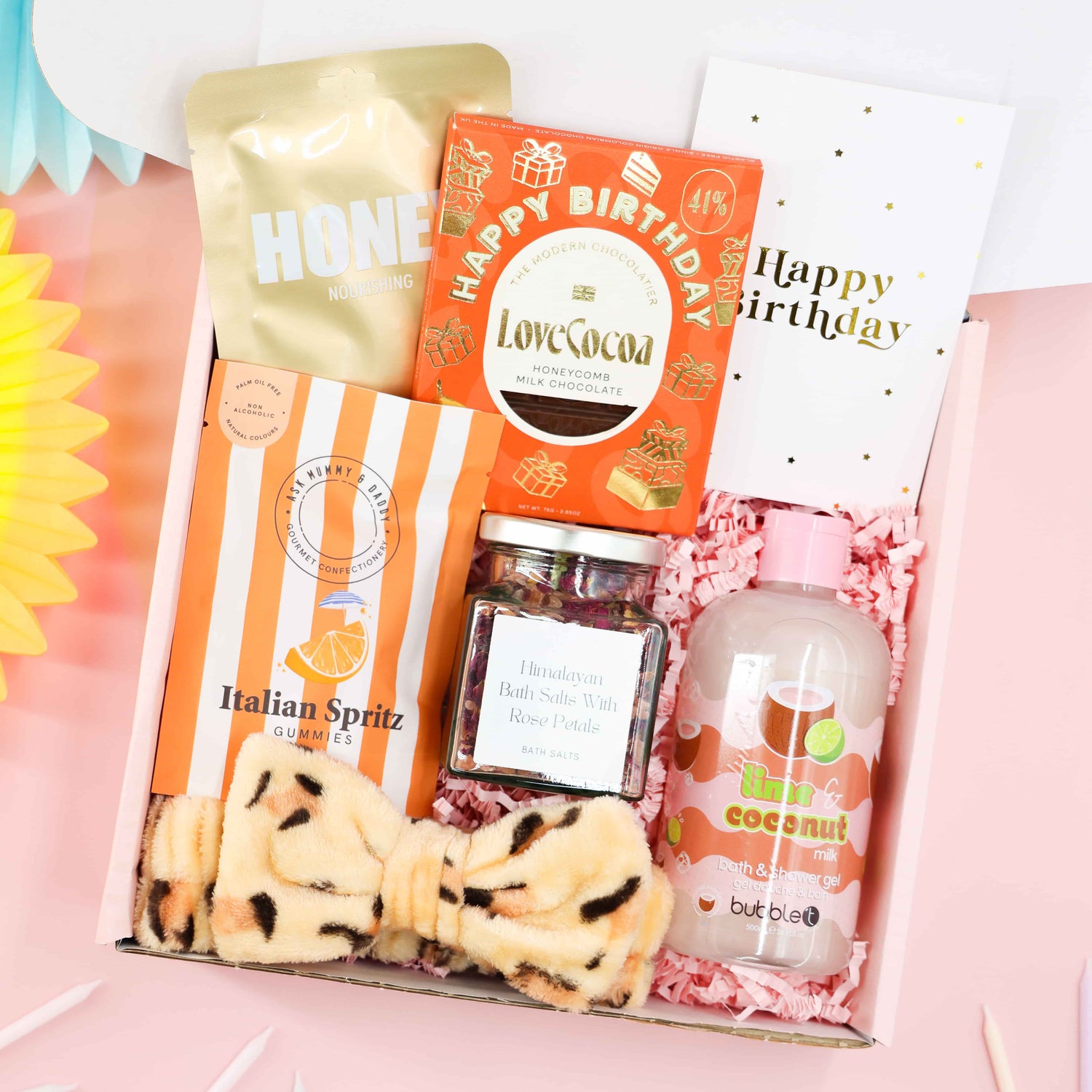 Italian Spritz &amp; Spa Birthday Gift Box with chocolate, bath salts, coconut shower gel, and leopard print headband – luxury pamper gift for her.