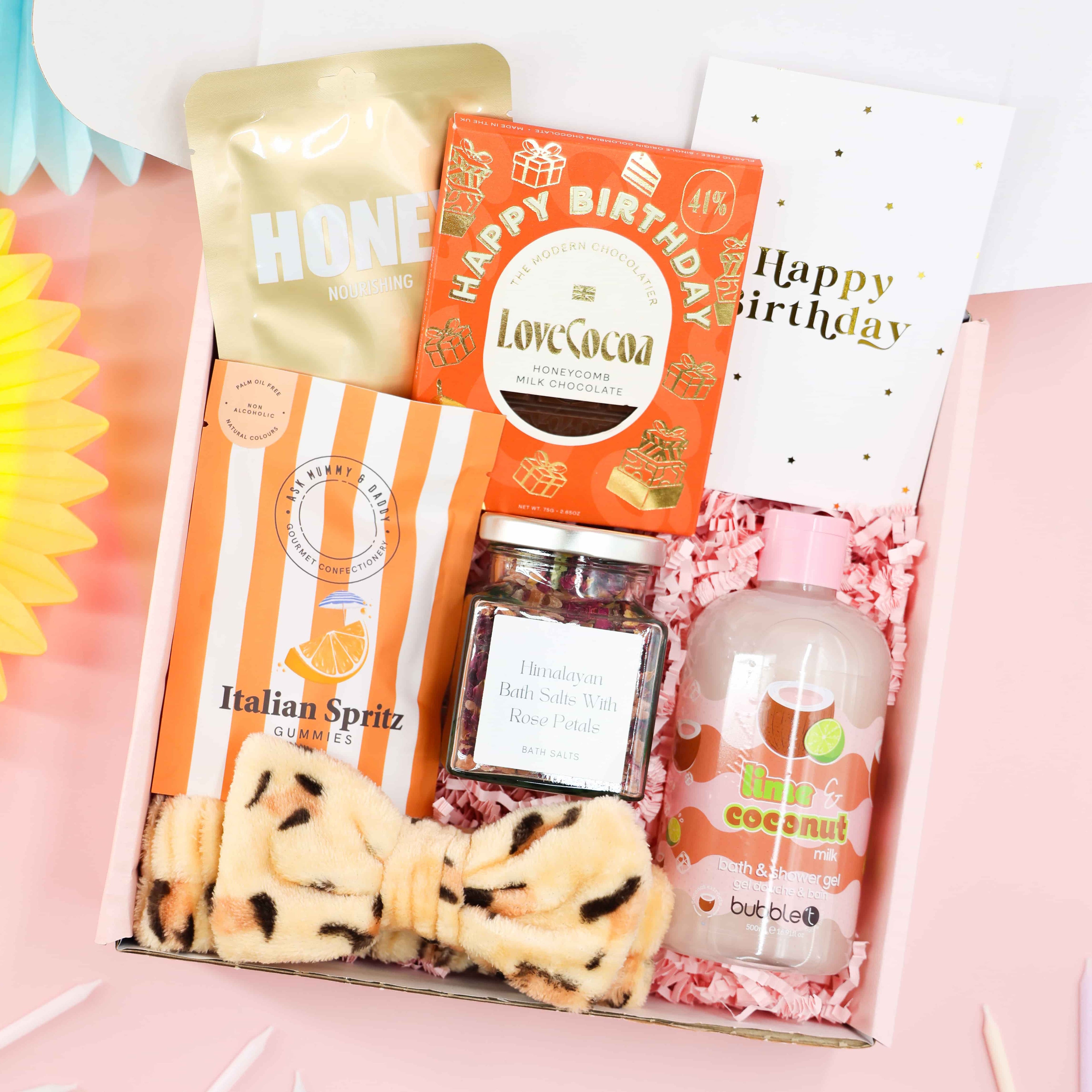 Italian Spritz &amp; Spa Birthday Gift Box with chocolate, bath salts, coconut shower gel, and leopard print headband – luxury pamper gift for her.