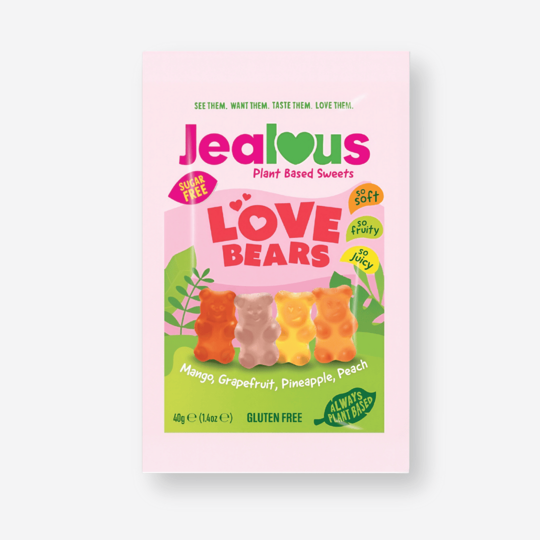 Jealous Love Bears Gummies 24g package, showing soft, juicy, sugar-free plant-based sweets in tropical flavors like mango and pineapple, perfect for a guilt-free treat.