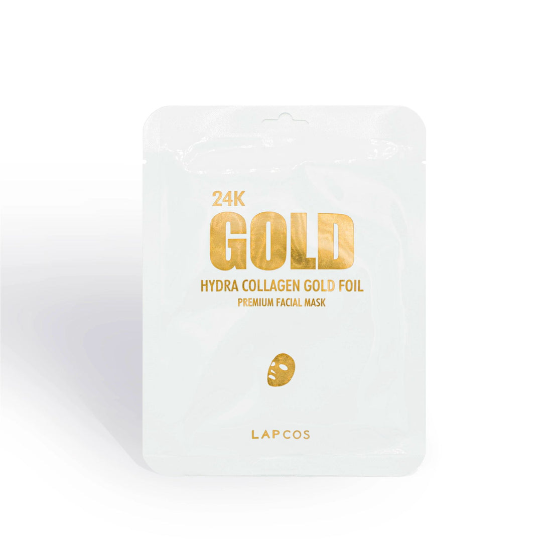 Lapcos 24K Gold Mask packaging features elegant gold text on a white background, highlighting its premium skincare benefits of lifting, firming, and illuminating.