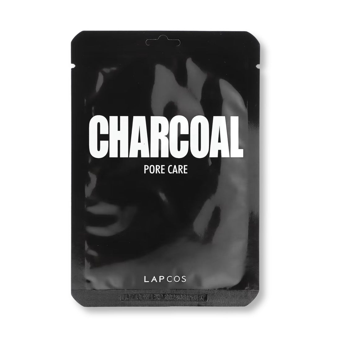 Lapcos Charcoal Pore Care Mask packaging featuring bold white text, highlighting its detoxifying benefits with charcoal powder and glycolic acid for exfoliating and tightening skin.