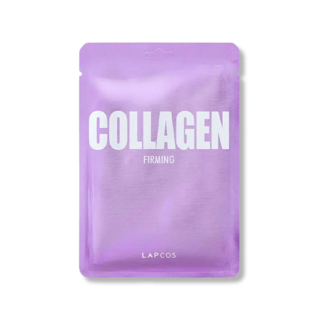 Lapcos Collagen Firming Mask in a purple package, highlighted for its collagen peptides, promising hydration and reduced wrinkles, promoting a makeup-free, radiant complexion.