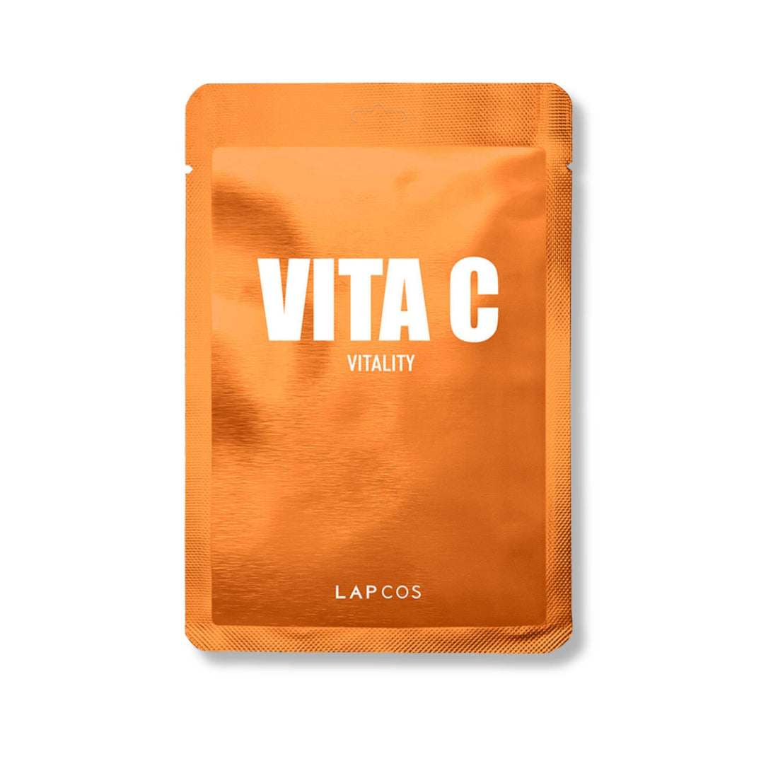 Lapcos Vita C Mask sachet, showcasing its packaging, enriched with Vitamin C for brightening and protecting skin, featuring key ingredients like buckthorn and lemongrass.