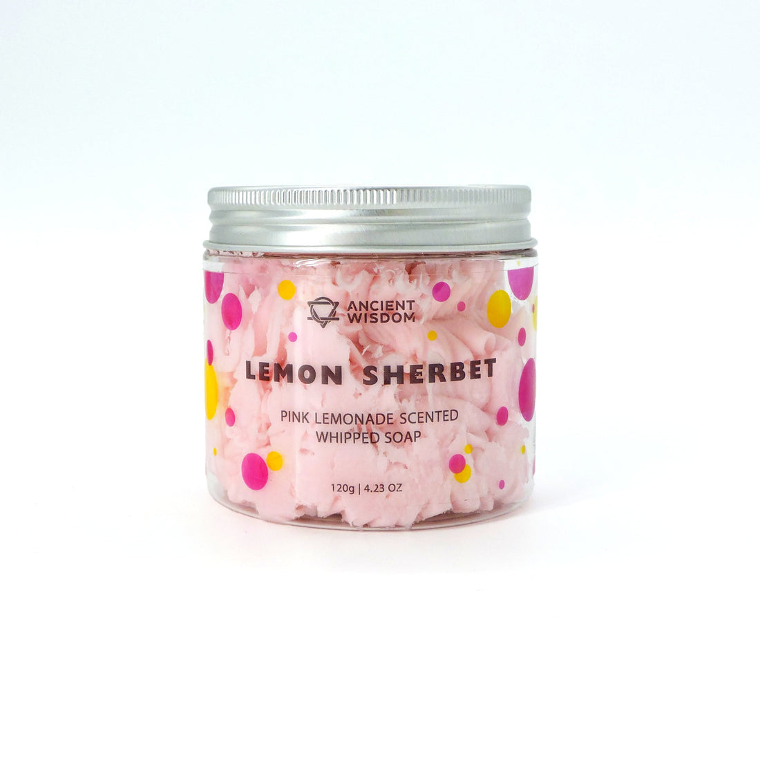 Lemon Sherbet Whipped Soap Bliss jar with a lid, showcasing its creamy texture. Perfect for soft, nourished skin with a pink lemonade fragrance.