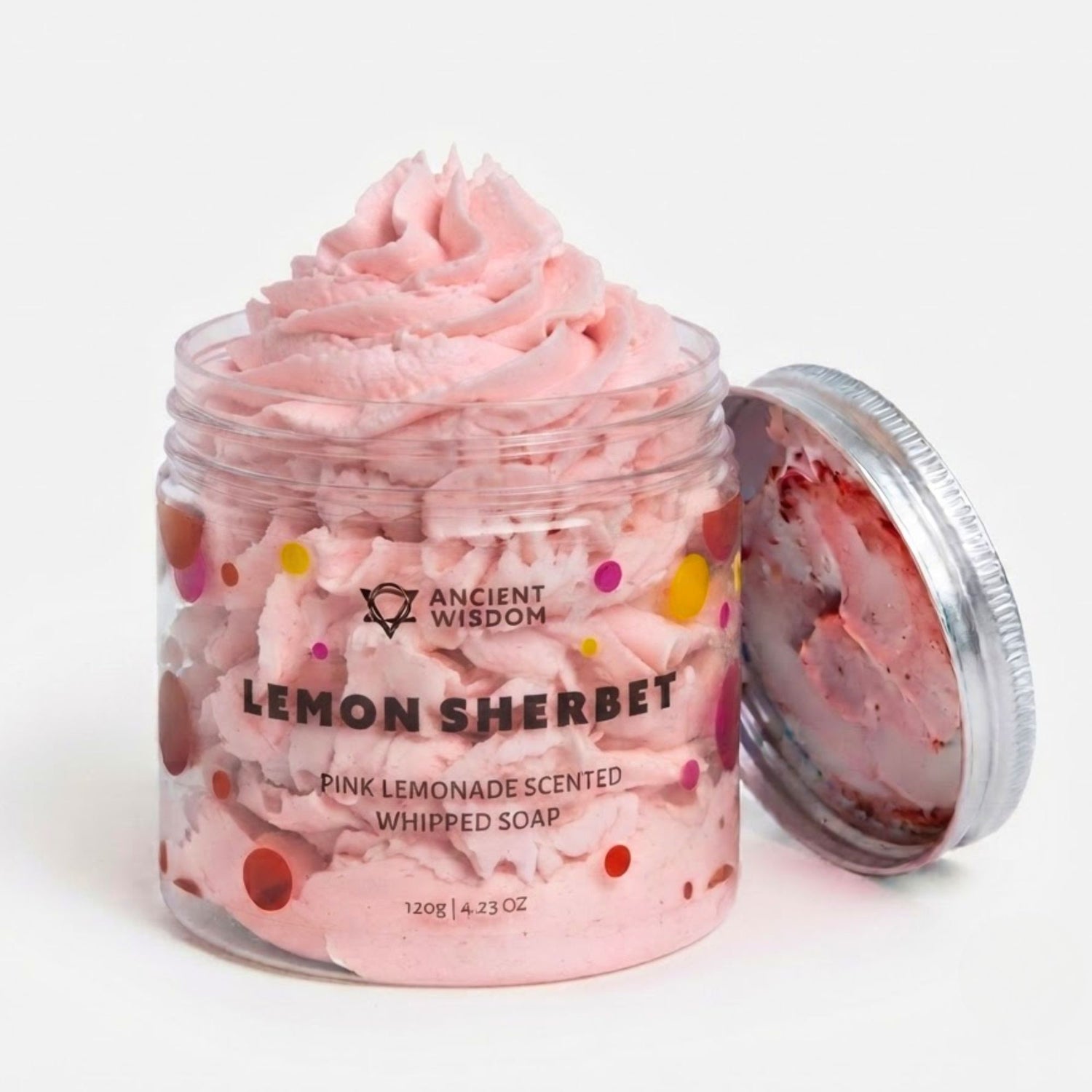 Lemon Sherbet Whipped Soap Bliss jar with a lid, showcasing its creamy texture. Perfect for soft, nourished skin with a pink lemonade fragrance.