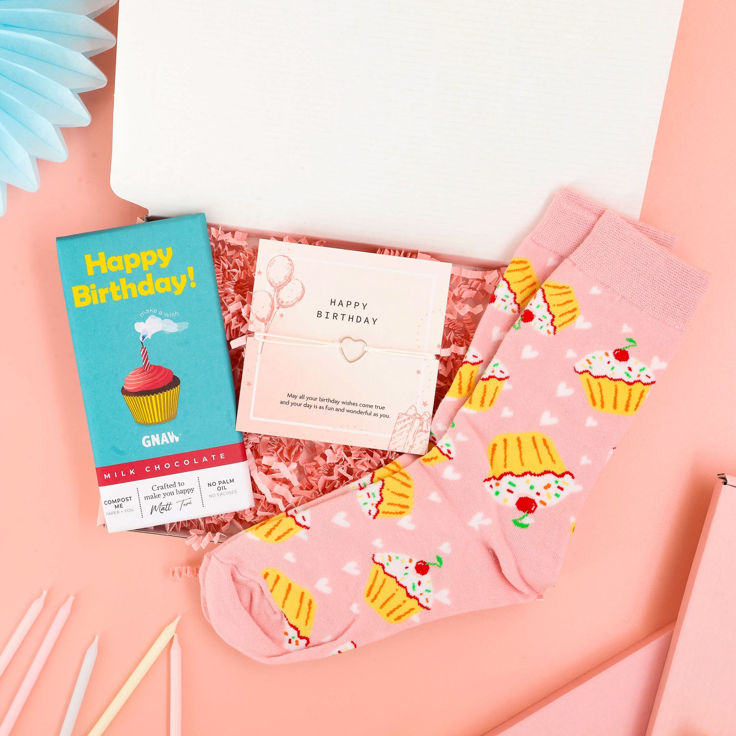birthday gift – letterbox birthday hamper with chocolate and birthday socks
