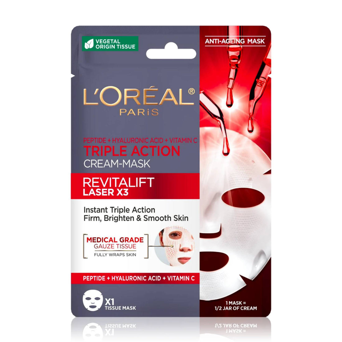 Loreal Revitalift Laser Face Mask packaging with product description highlighting its hydrating, anti-aging properties featuring peptides, hyaluronic acid, and vitamin C for smoother, brighter skin.