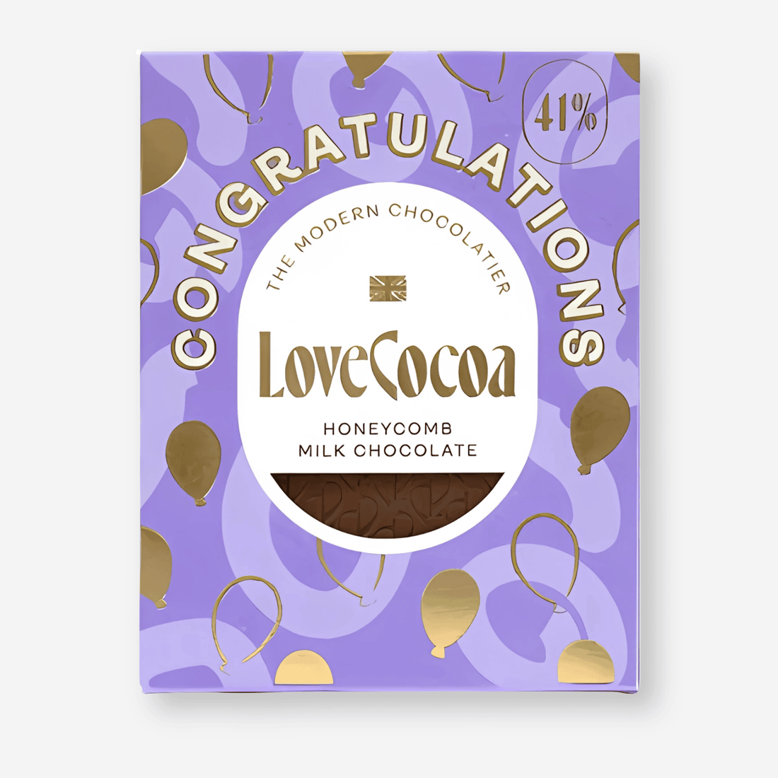 Love Cocoa Congratulations Chocolate features a luxe package with a yellow ribbon and label, containing buttery biscuits with chocolate chunks in milk chocolate.