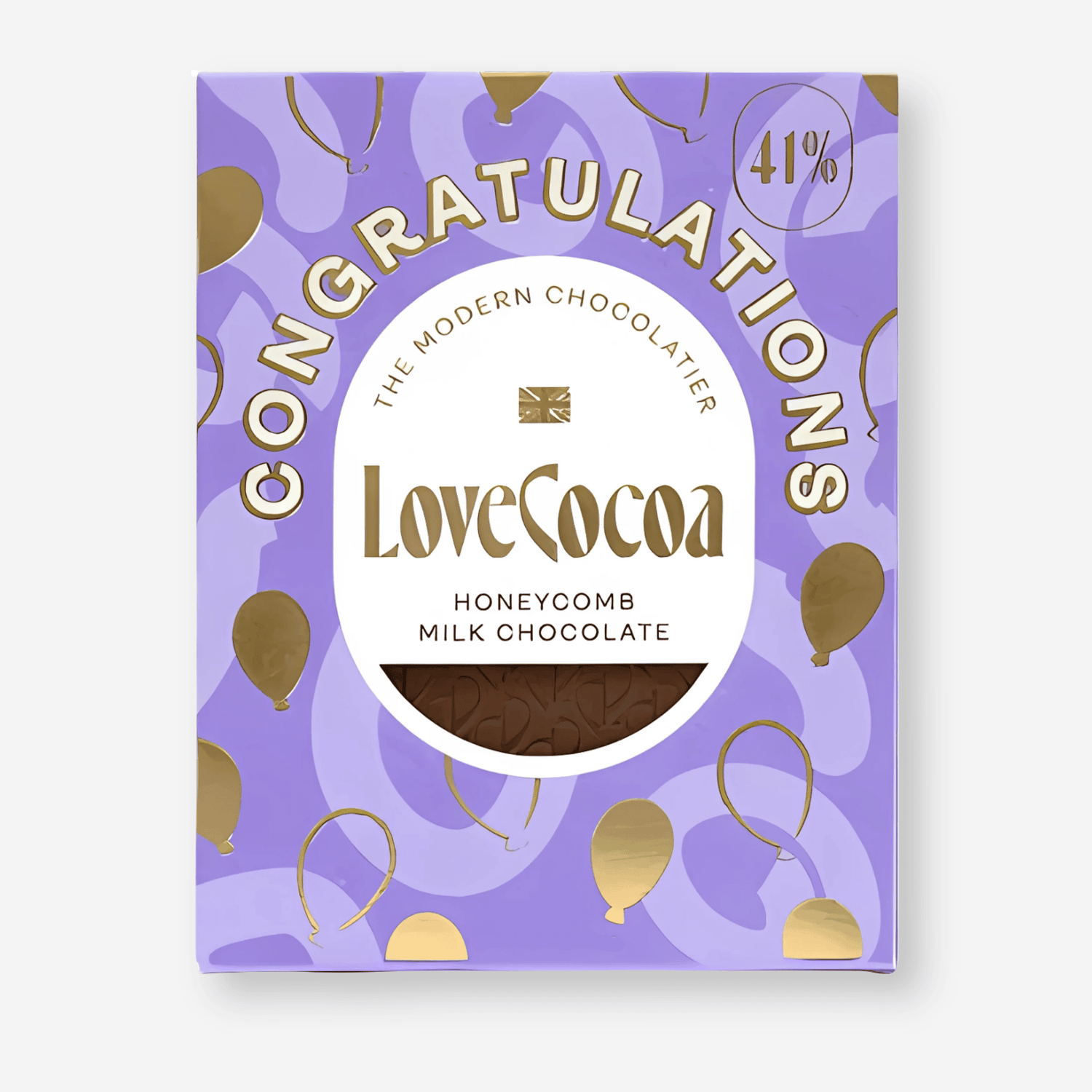 Love Cocoa Congratulations Chocolate features a luxe package with a yellow ribbon and label, containing buttery biscuits with chocolate chunks in milk chocolate.