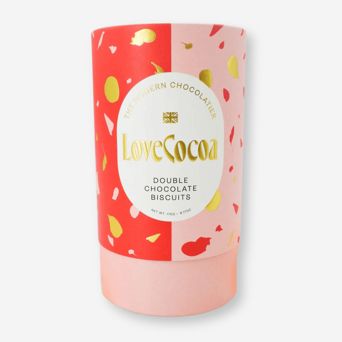 Love Cocoa Double Chocolate Biscuits in a sleek gift tube, highlighting the decadent, rich cocoa blend and luxurious chocolate chips for a premium treat experience.
