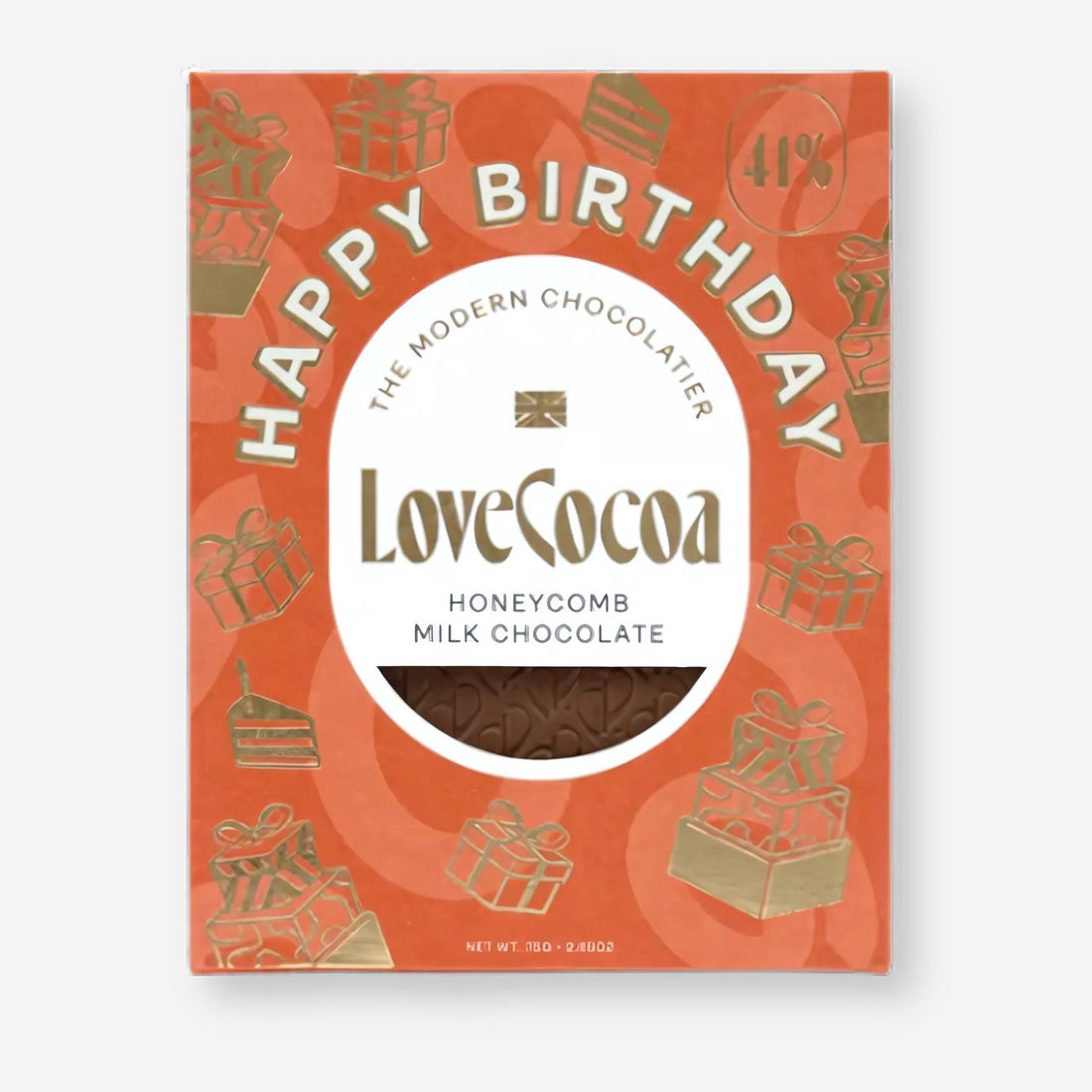Love Cocoa Happy Birthday Chocolate bar, featuring a red and gold sleeve with a smooth Colombian milk chocolate and honeycomb flakes inside.