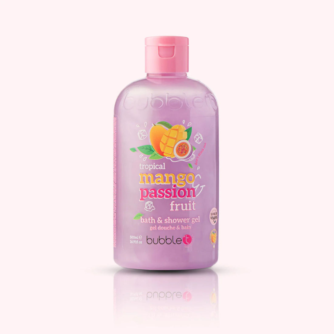 Mango and Passion Fruit Bath &amp; Shower Gel in a plastic bottle, offering a tropical scent, vegan-friendly and paraben-free for gentle skin cleansing.