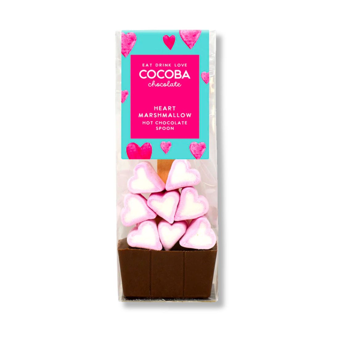 Milk Chocolate Spoon With Heart Marshmallows: A stack of pink and white heart-shaped marshmallows atop a chocolate spoon, ideal for creating a luxurious hot cocoa experience.