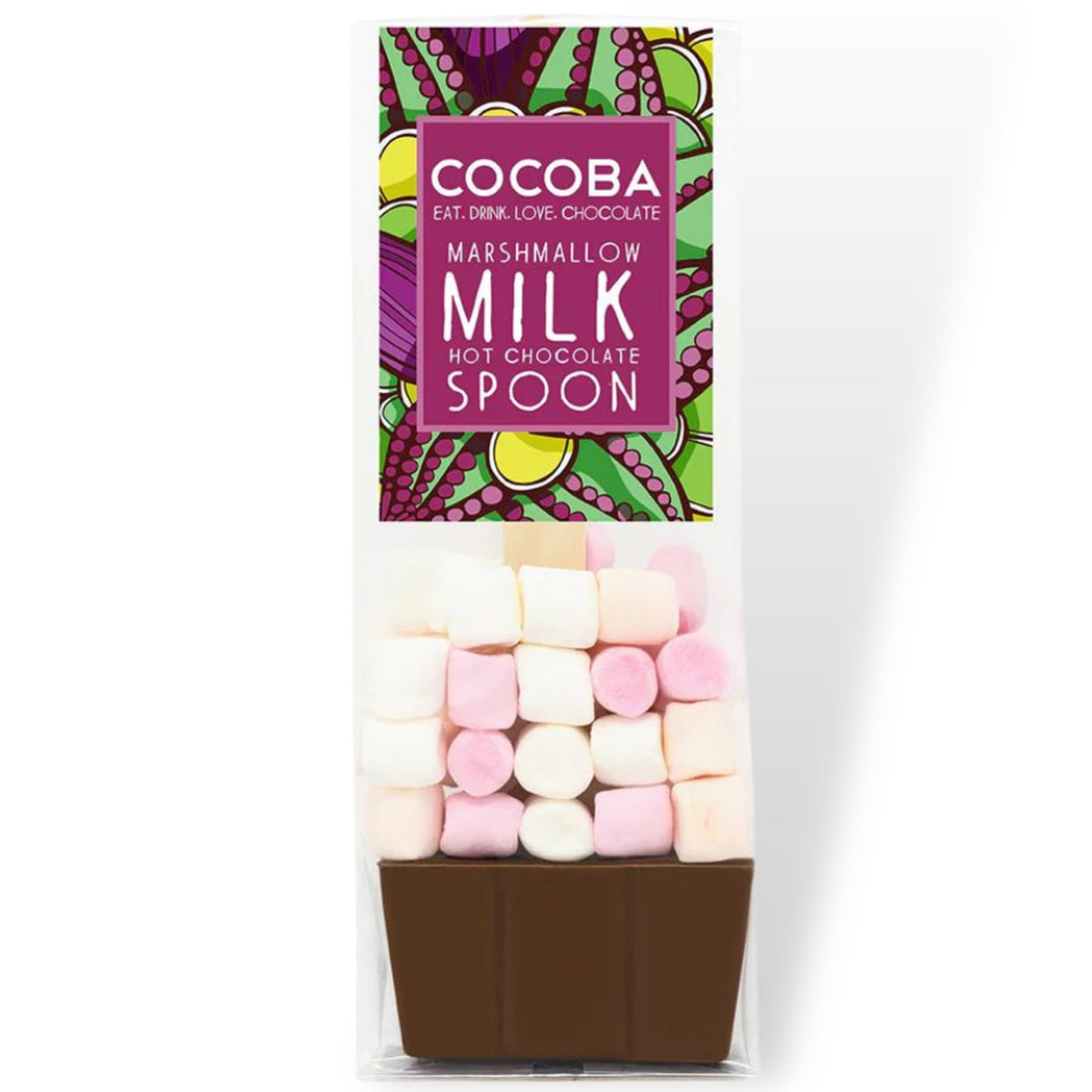 Milk Chocolate Spoon With Marshmallows: A chocolate spoon paired with mini-marshmallows, ideal for stirring into hot milk for a rich hot chocolate experience.