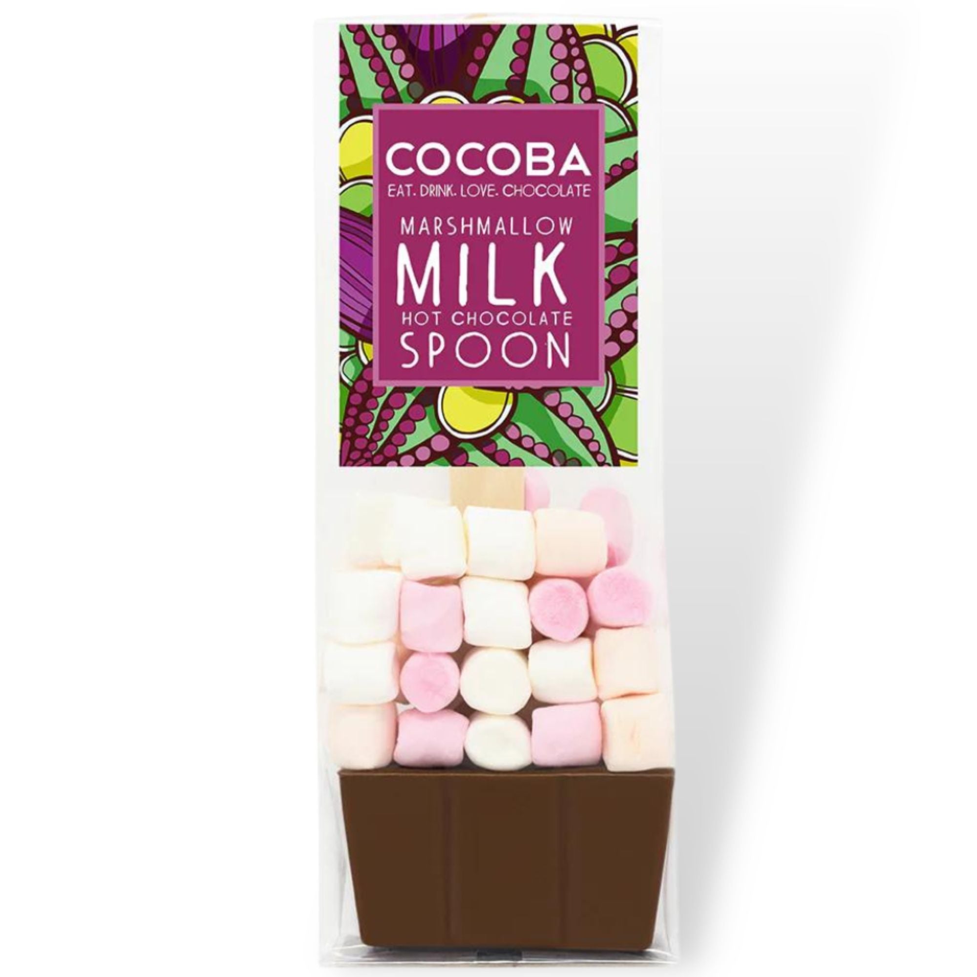 Milk Chocolate Spoon With Marshmallows: A chocolate spoon paired with mini-marshmallows, ideal for stirring into hot milk for a rich hot chocolate experience.