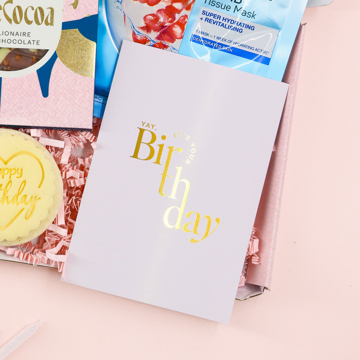 Luxury mini pamper and chocolate birthday gift set for her with skincare, sweet treats and gold foiled card – perfect for celebrating her special day