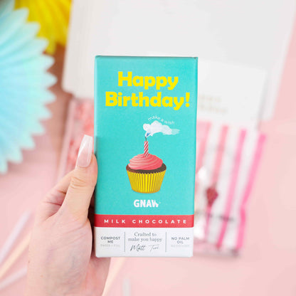 Happy Birthday milk chocolate bar with cupcake design from the Mini Birthday Indulgence Gift Box – perfect for gifting.