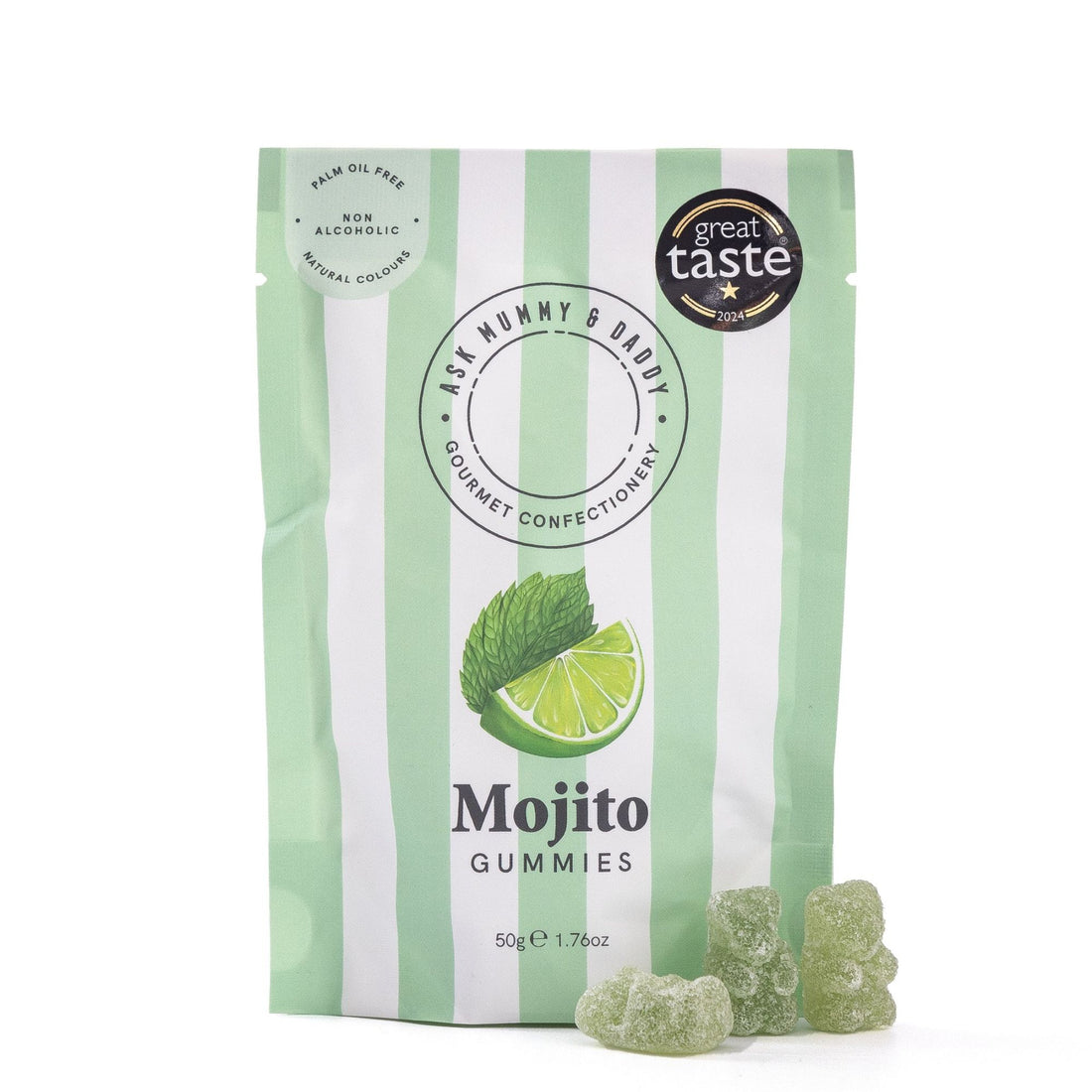 Mojito Gummies - Non Alcoholic: Close-up of a gummy bag featuring mint leaf shapes, embodying lime, mint, and rum flavors. Alcohol-free, natural colors, palm oil-free.