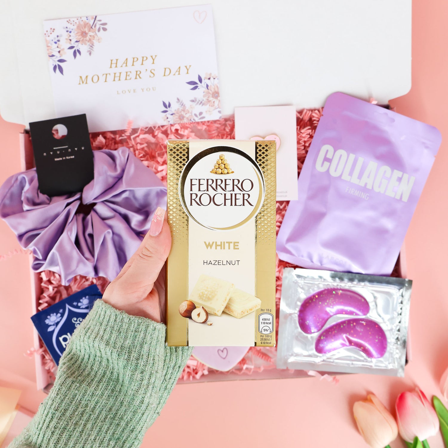 Mother’s Day gift – letterbox gift for mum with collagen mask, eye patches and sweet biscuit