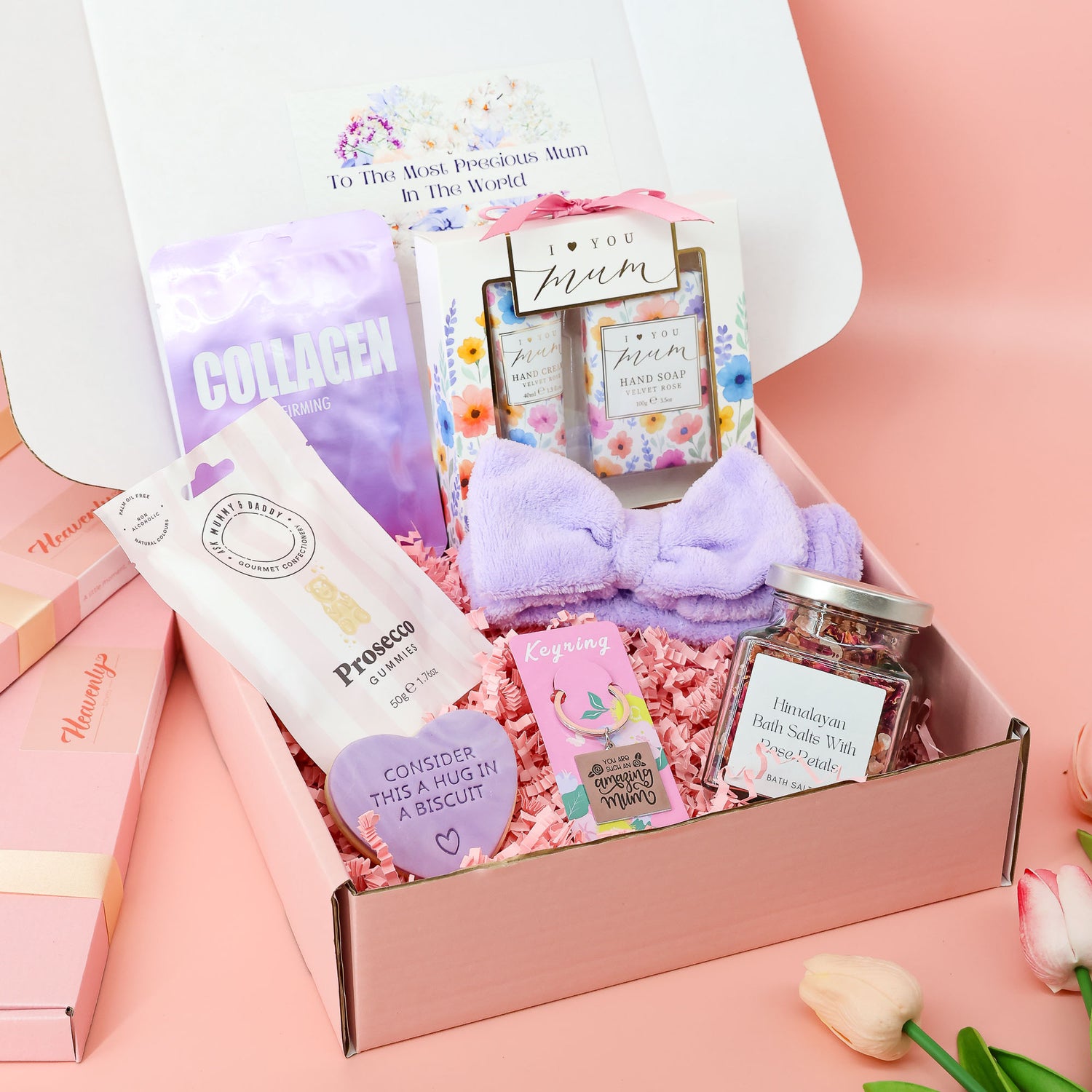 Gift for mom’s day – self-care gift box with rose bath salts, plush headband and “Amazing Mum” keyring