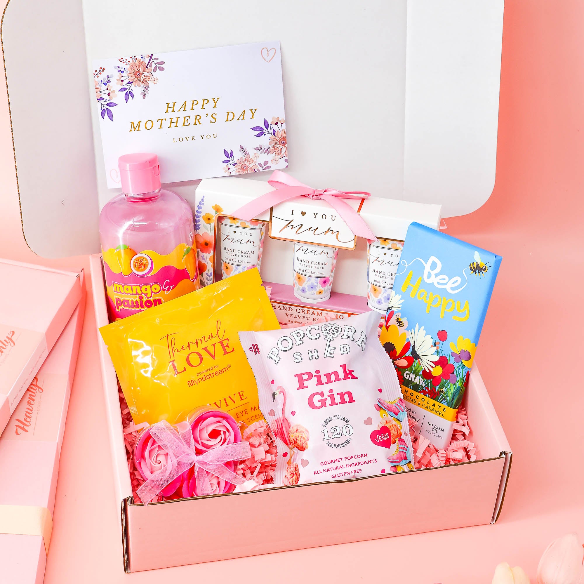 Gift for mom’s day – pink gin snack hamper with hand creams, floral soaps and fruity drink