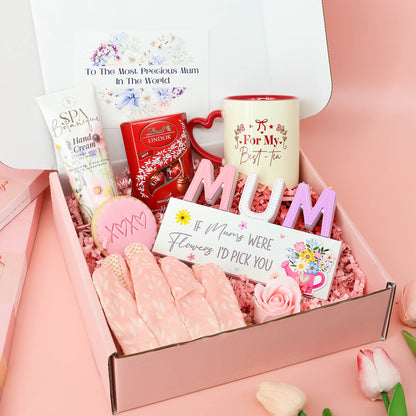 Mother’s Day gift – The Ultimate Mother’s Day Pamper Hamper with Lindt Lindor chocolates, spa hand cream, cosy pink socks and heart-handled mug