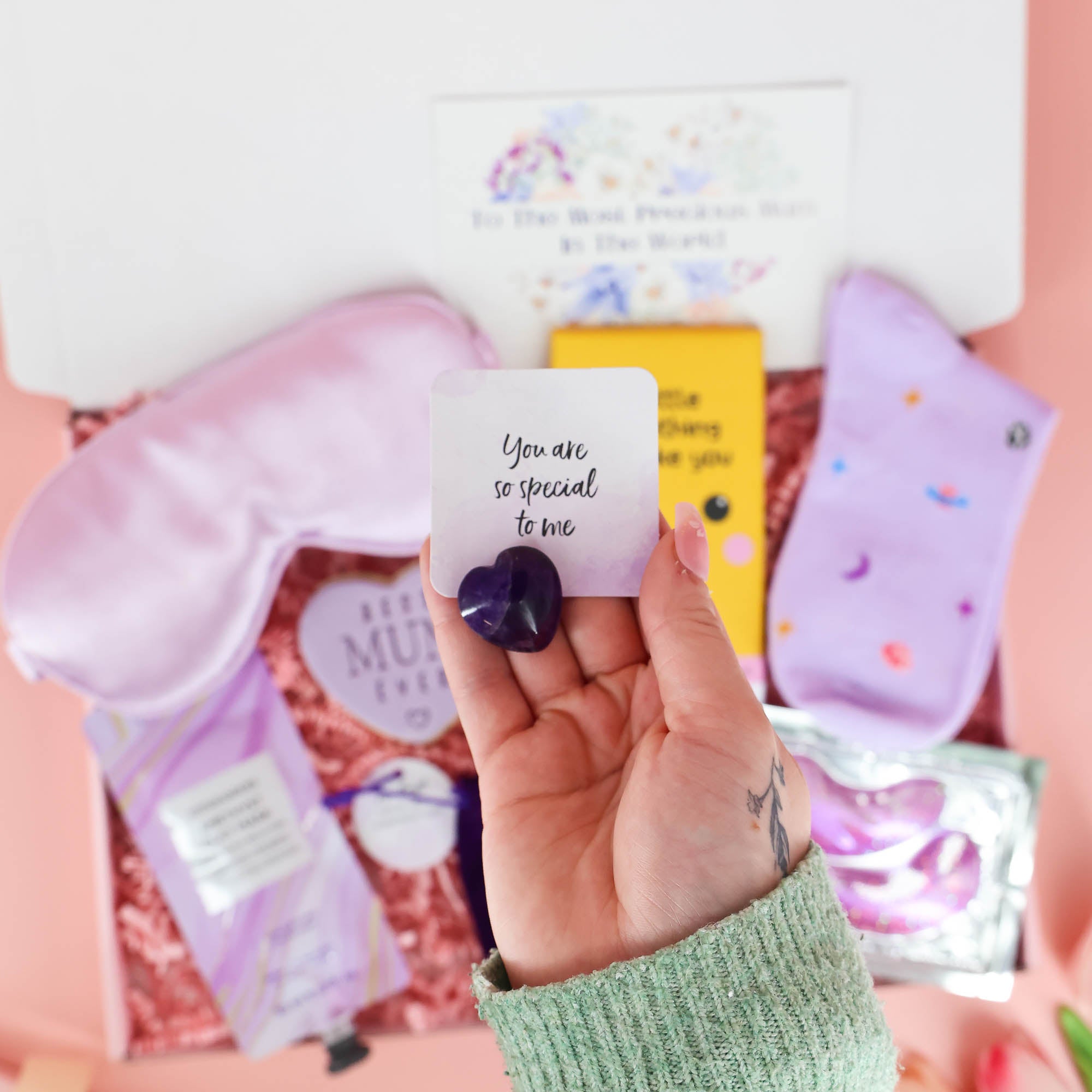 Gifts for mum – lilac self care letterbox box with crystal keepsake and sweet biscuit