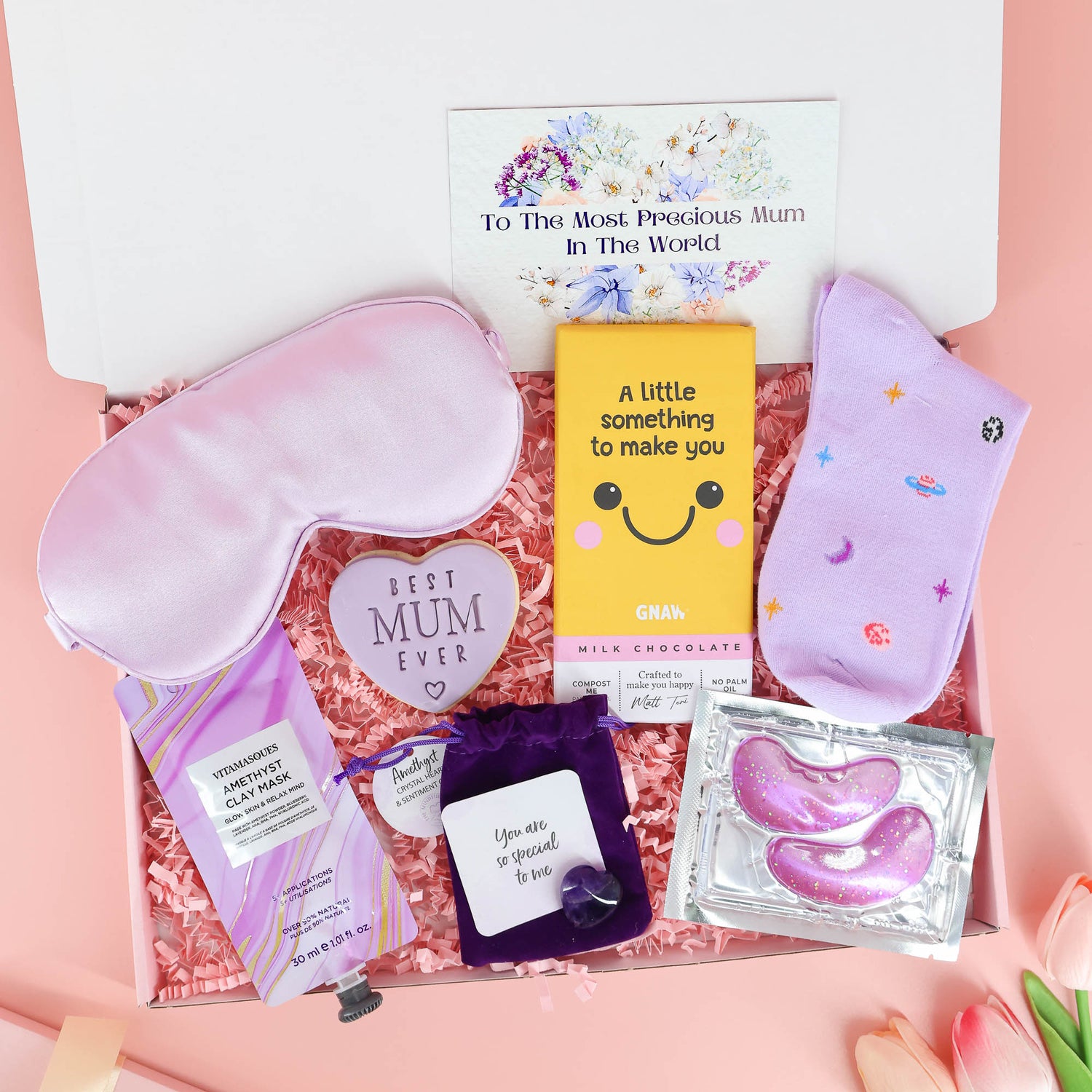 Mother’s Day gift – 2026 letterbox pamper box with amethyst crystal, chocolate and spa treats for mum