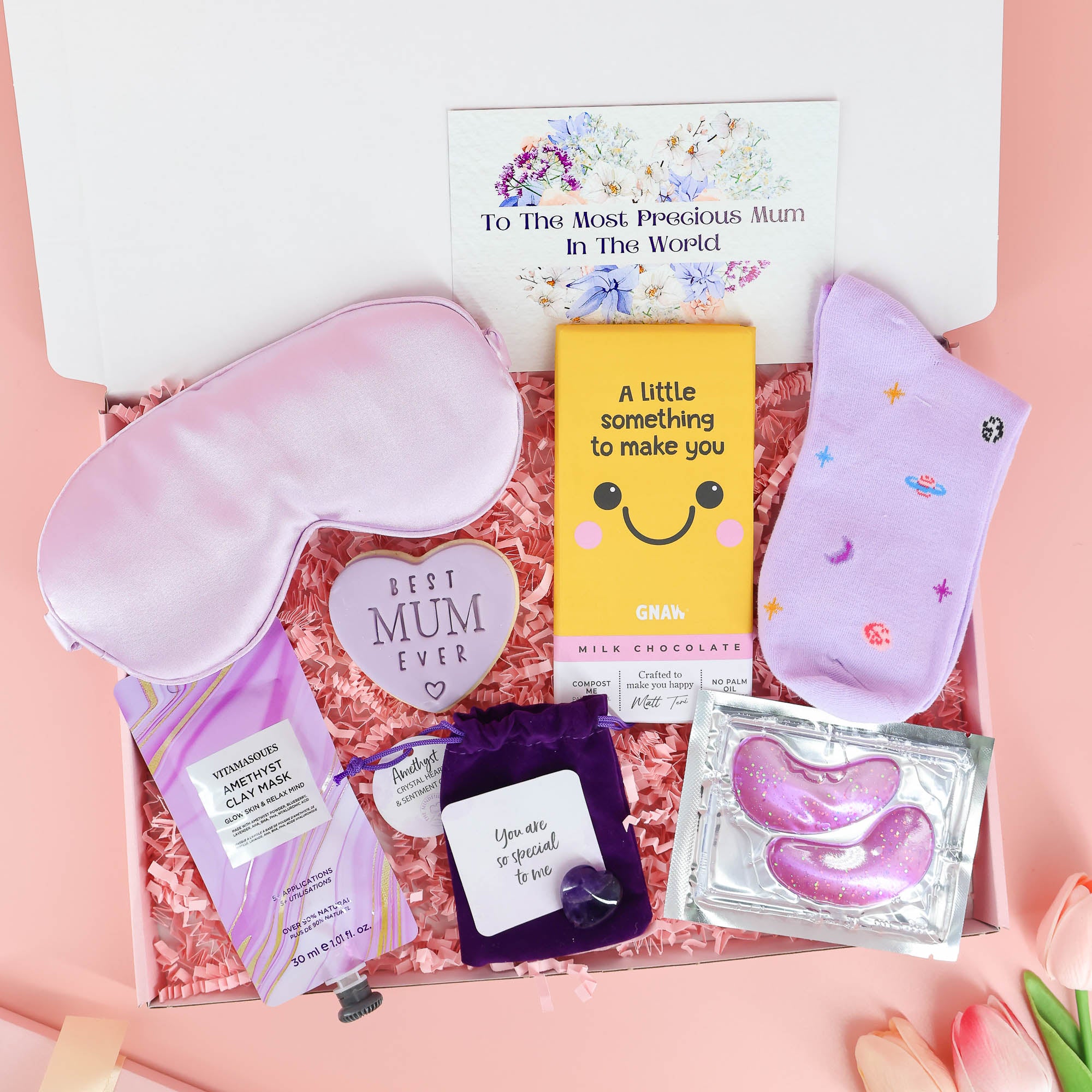 Mother’s Day gift – 2026 letterbox pamper box with amethyst crystal, chocolate and spa treats for mum