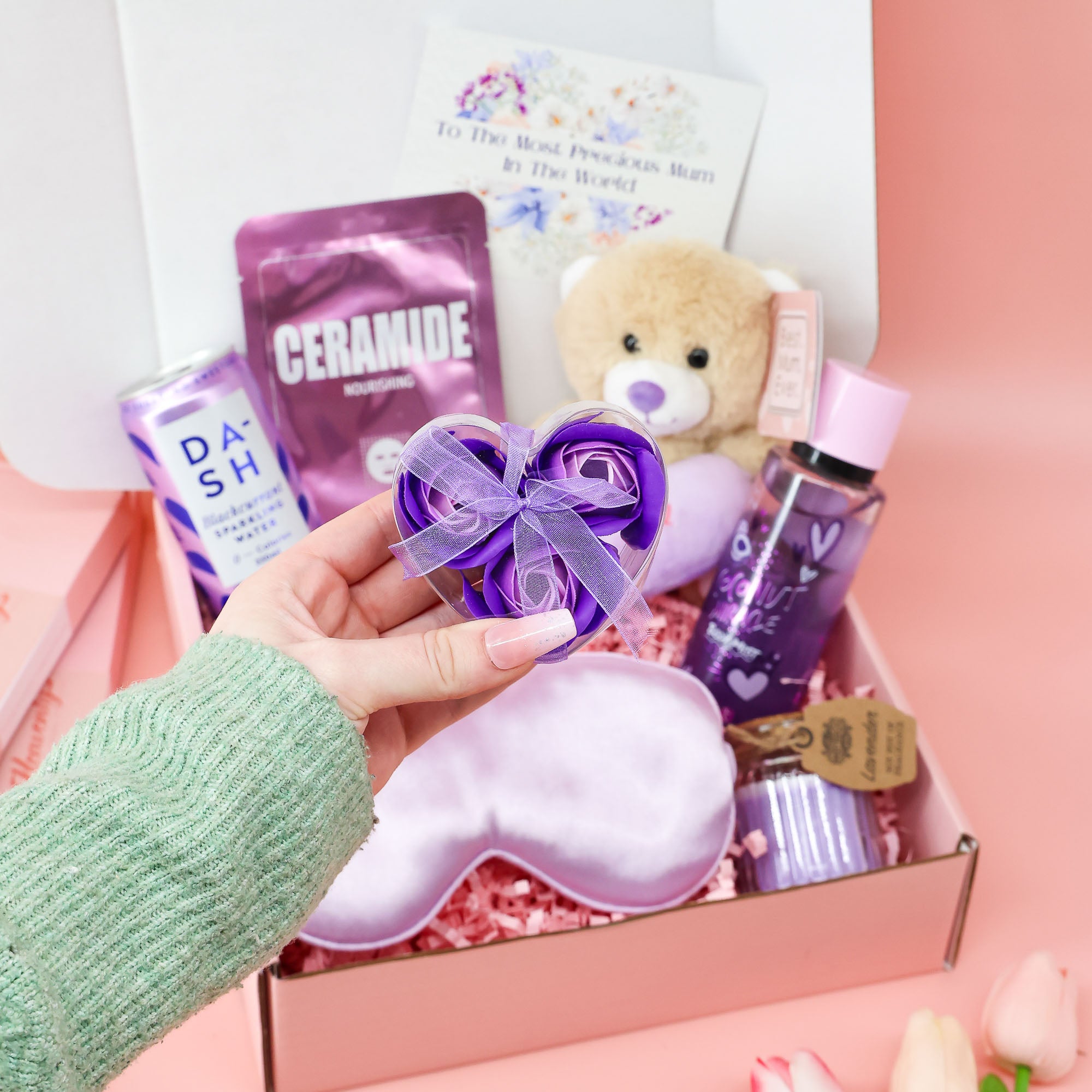 Gifts for mum – lilac pamper hamper with nourishing face mask, sleep mask and lavender candle