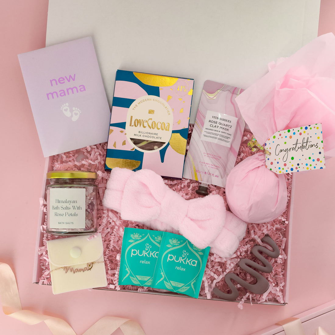 New Mum Gift Box – luxury new mum gifts with chocolate, bath salts, and keepsake necklace
