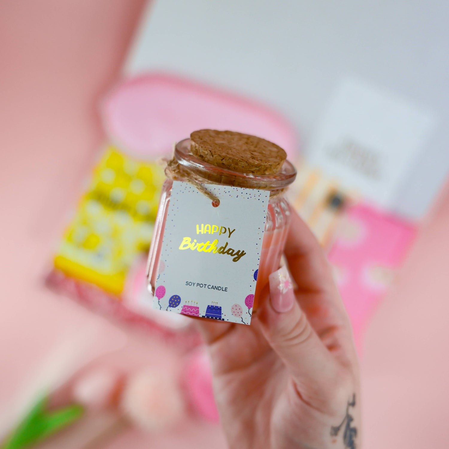 Happy Birthday soy candle inside a pink tropical pamper gift box – luxury birthday gift for her