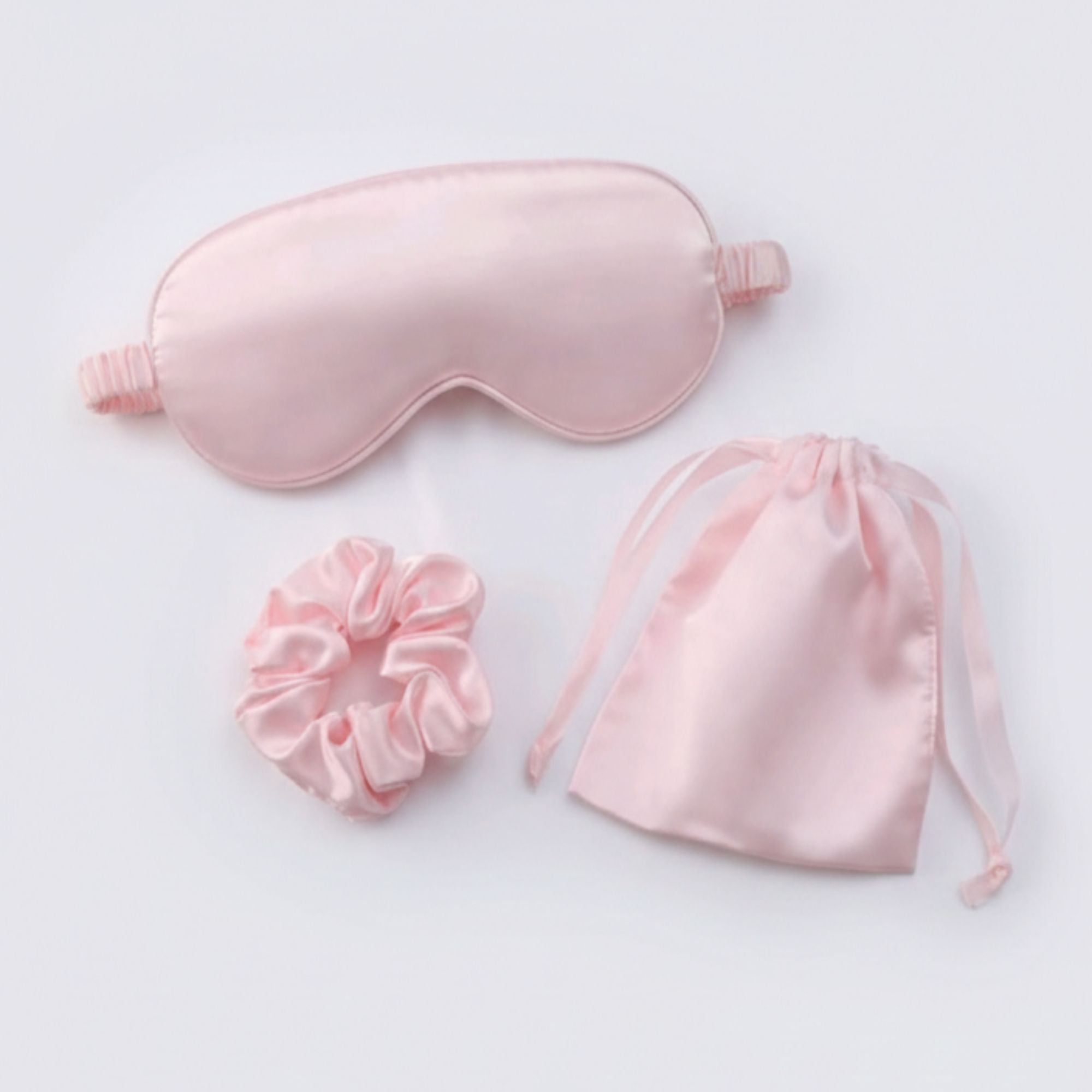 Pink Silk Eye Mask &amp; Scrunchie Set - Beauty Sleep Duo, featuring a soft eye mask and matching scrunchie for luxurious bedtime comfort and style.