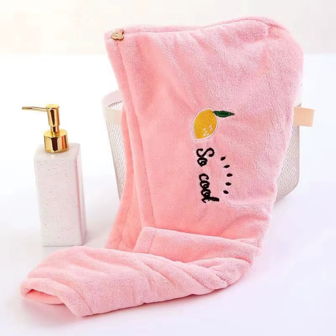 Pink Lemon Hair Towel featuring an embroidered lemon design, crafted from ultra-soft, absorbent fabric, ideal for gently drying hair and reducing frizz.