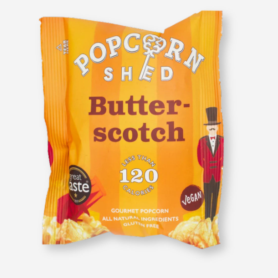 Popcorn Shed Butterscotch Gourmet Popcorn package with a close-up of popped corn and label, highlighting its rich, buttery flavor and caramelized coating. Gluten-free and vegan-friendly.
