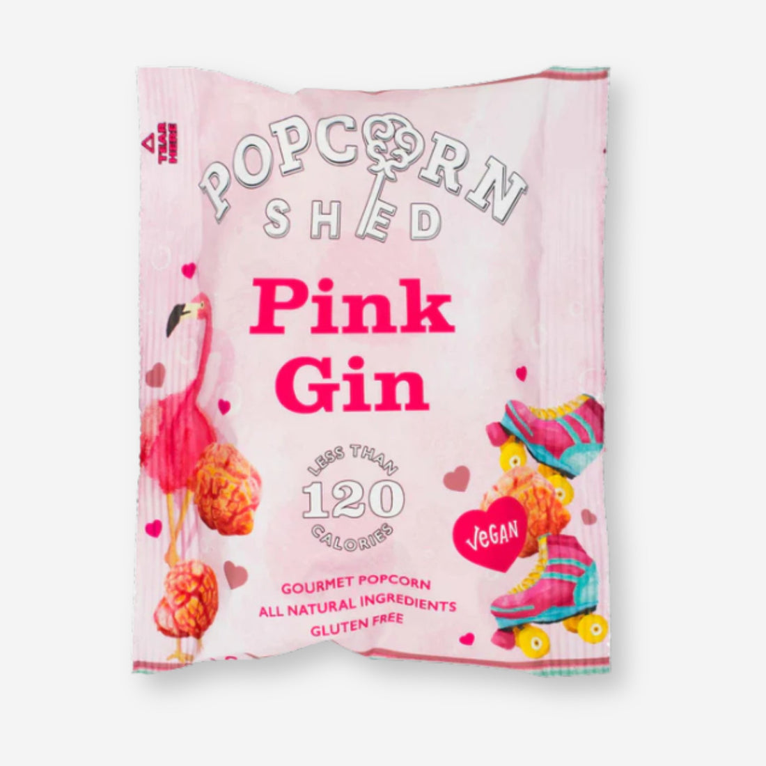 Pink Gin Popcorn next to a bowl, highlighting crunchy air-popped corn with raspberry and lime-infused caramel, capturing a unique gin and tonic flavor experience.