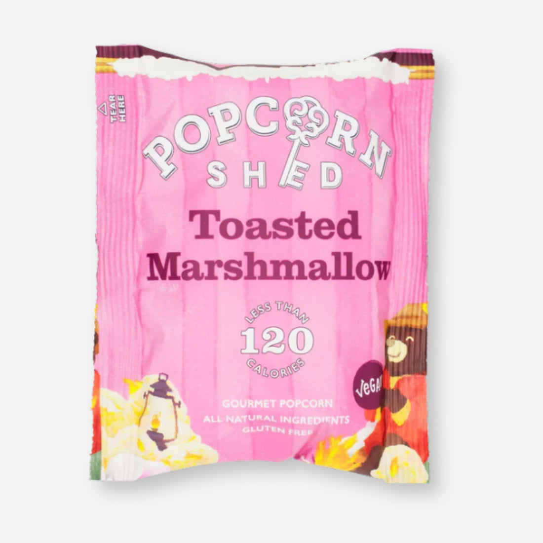 Toasted Marshmallow Popcorn: A pink packet containing crunchy caramel popcorn and gooey marshmallows, offering a vegan, gluten-free snack perfect for adventures.