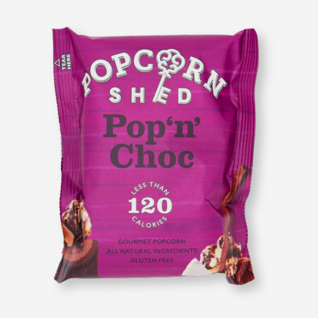 Pop n Choc Gourmet Popcorn packaging features prominently, highlighting a text-focused design emphasizing its chocolatey, gluten-free appeal, perfect for a low-calorie indulgence.