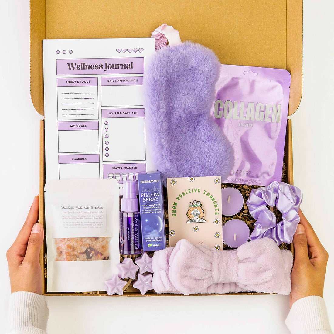 Positivity Package | Graduation Gift featuring a purple scrunchie, lavender oil box, and spray bottle to enhance relaxation and rejuvenation. Perfect for restful sleep.