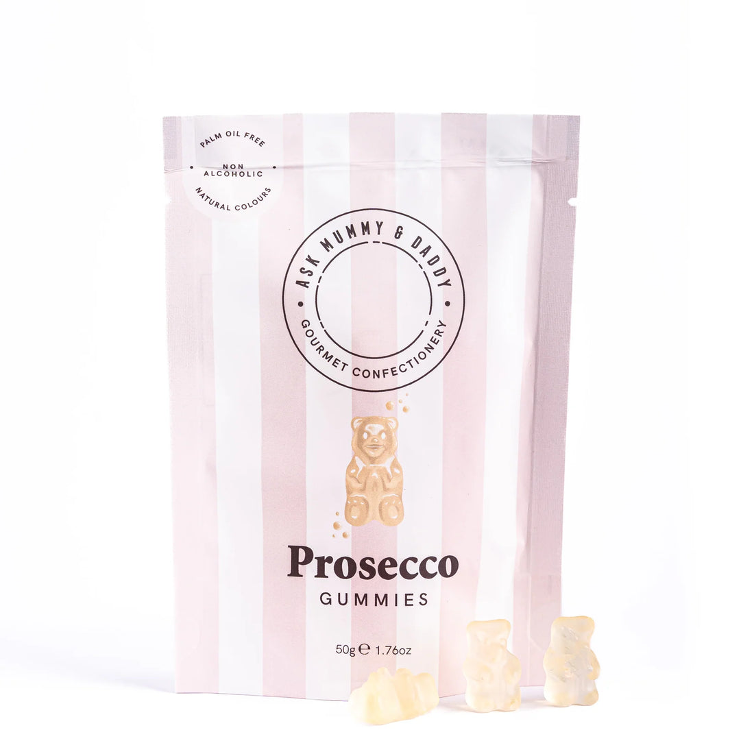 Prosecco Gummies - Non Alcoholic: Bag of gourmet gummy bears with a close-up of label and logo, offering peach, green apple, and floral flavors. Ideal for elegant indulgence.