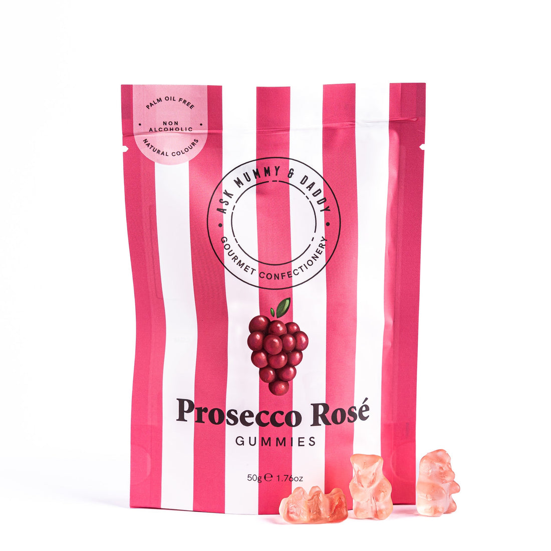 Prosecco Rose Gummies - Non Alcoholic; close-up of pink flower-shaped gummies with a label and logo, featuring fruity notes of strawberries, cherries, and raspberry.