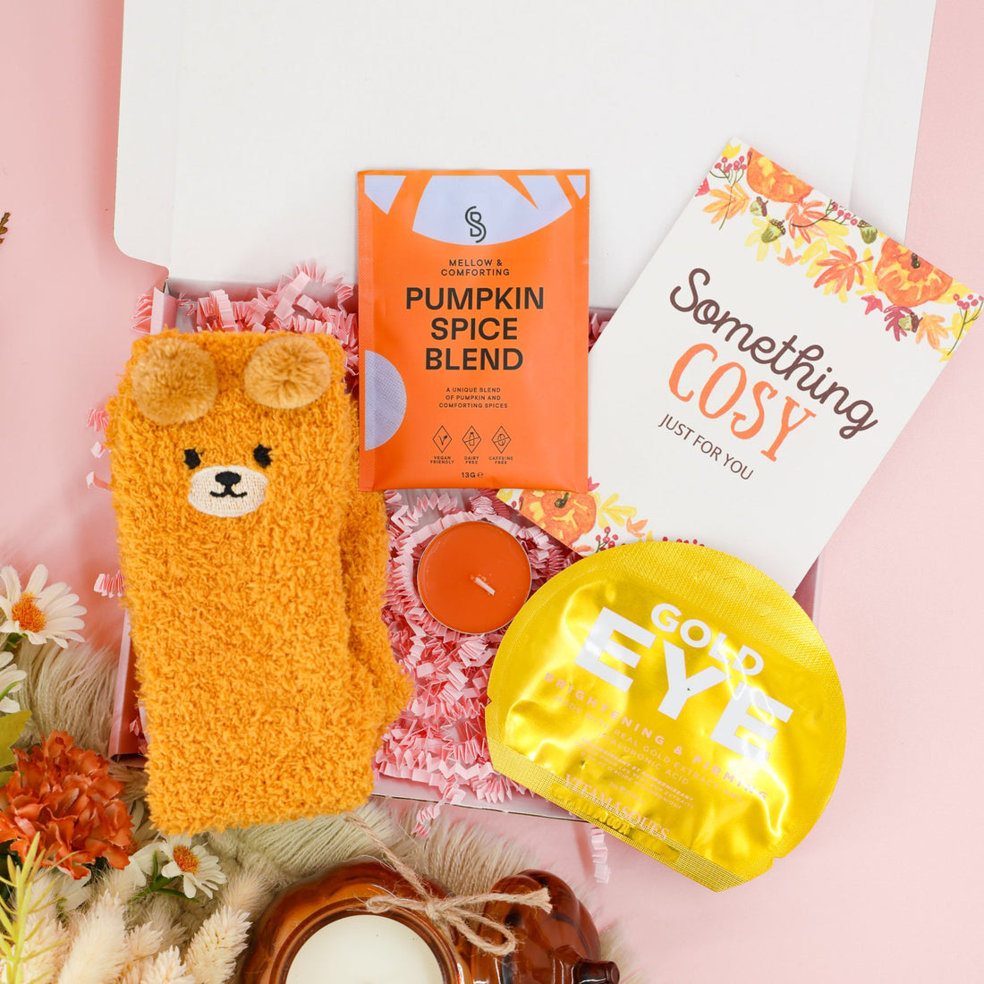 Pumpkin Pamper Box – gifts for her with bear socks and gold eye mask