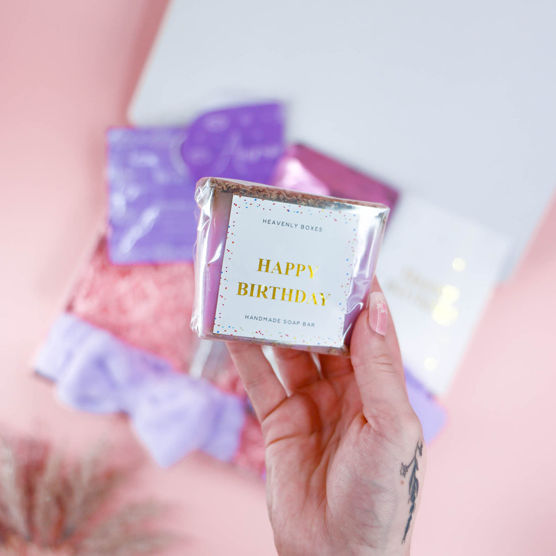 Heavenly Boxes handmade Happy Birthday soap bar – purple-wrapped gift for her birthday pamper hamper