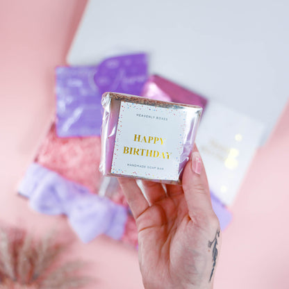 Heavenly Boxes handmade Happy Birthday soap bar – purple-wrapped gift for her birthday pamper hamper