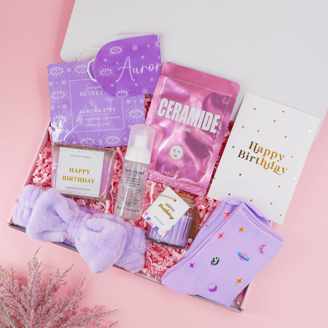 Purple Pamper Birthday Box – luxury birthday gift for her with face mask, socks, soap, candle and skincare in a purple theme