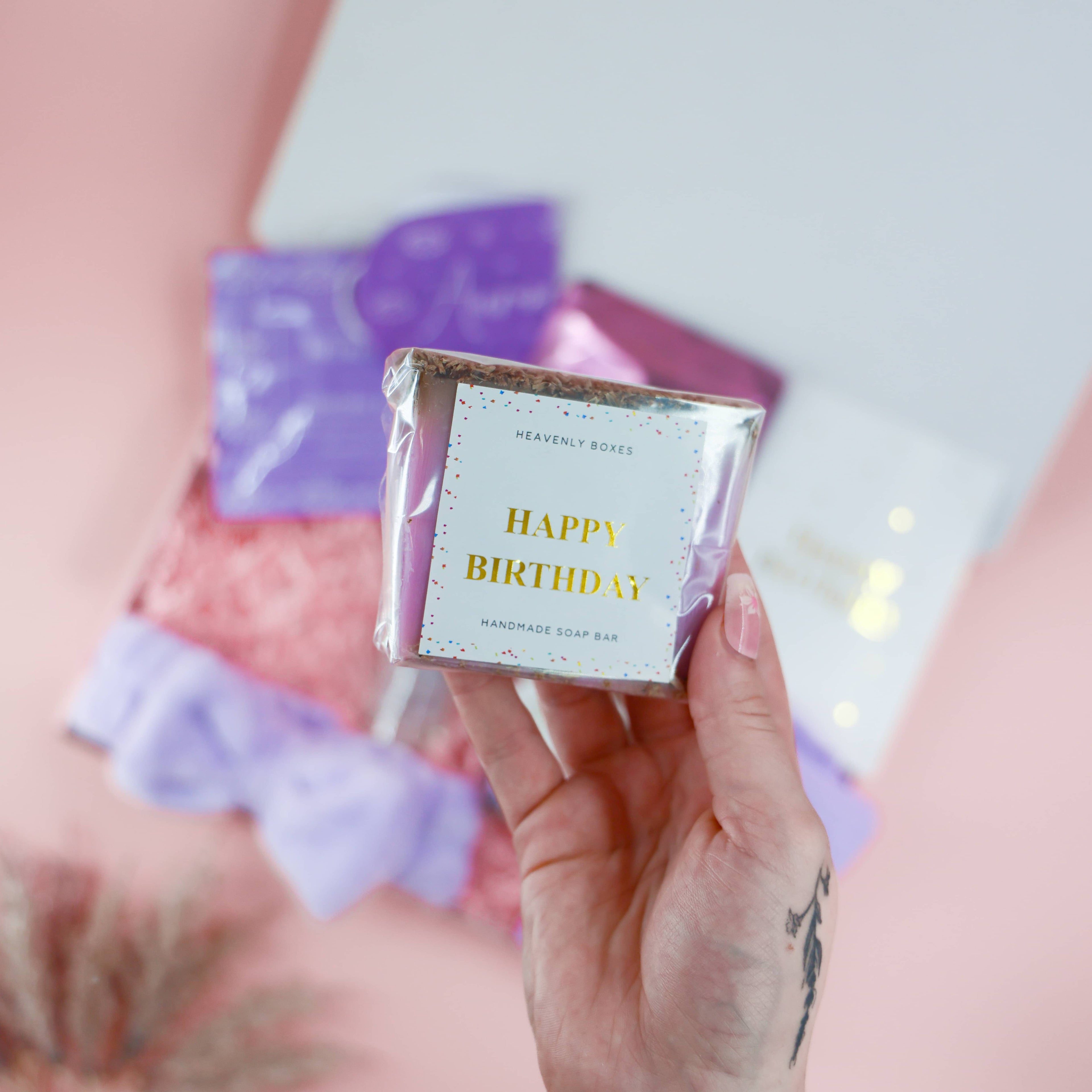 Heavenly Boxes handmade Happy Birthday soap bar – purple-wrapped gift for her birthday pamper hamper
