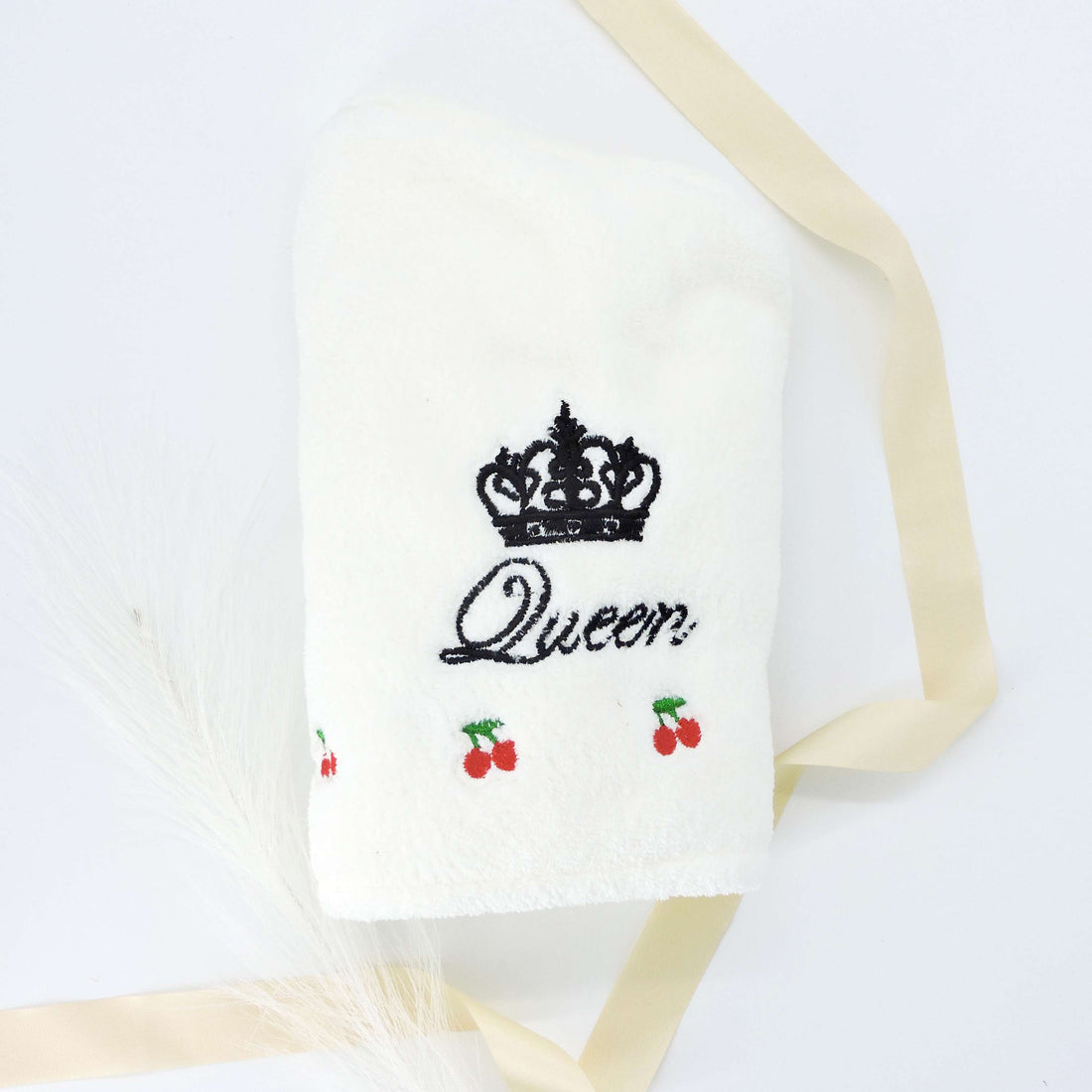 Queen Embroidered Hair Towel, ultra-soft and absorbent, features stylish crown and cherry embroidery, perfect for enhancing your self-care routine.