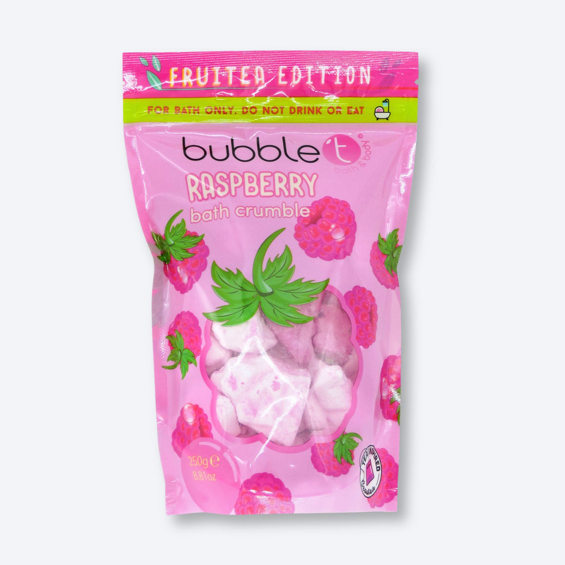 Raspberry Bath Crumble in a pink bag with a leaf drawing, offering a fragrant and relaxing bath experience ideal for self-care and gifting.
