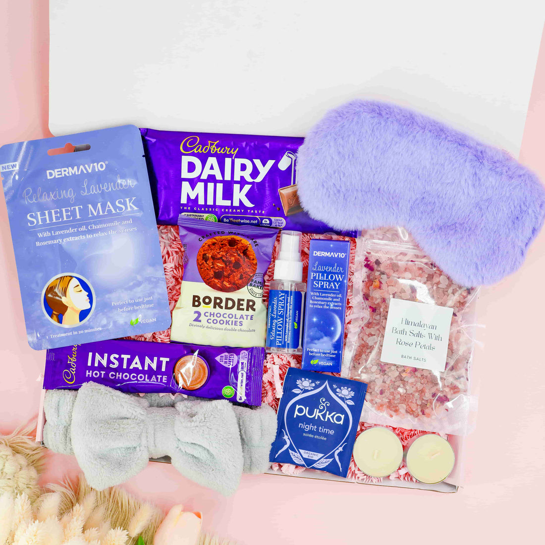 Rest and Recharge Gift Box – luxury pamper gift for her with lavender sheet mask, chocolate, bath salts, cookies, pillow spray, and cosy eye mask.