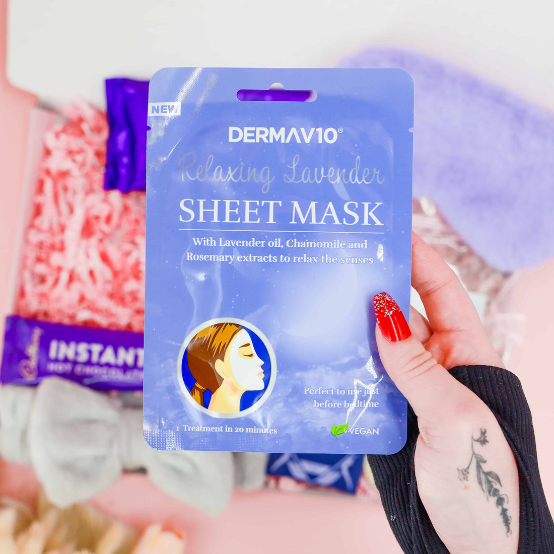 Relaxing lavender sheet mask – skincare pamper essential from the Rest and Recharge Gift Box, a thoughtful relaxation gift for her.